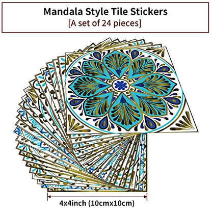 24Pcs Peel and Stick Tile Stickers, 4x4 Bathroom & Kitchen Backsplash Tile Decals Waterproof Self-Adhesive Square Vinyl Wall Decals Mandala Style Wall Decor (Best When adhered to Tiles - color: Ts-104