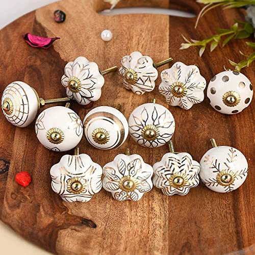 Craft Trade Decorative Ceramic Cabinet & Drawer Knobs – Kitchen Cabinet Hardware, Wardrobe, Cupboard & Dresser Pull Handles – Handmade Furniture Knobs (Off White, Set of 30) - color: Gold, style: 30