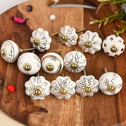 Craft Trade Decorative Ceramic Cabinet & Drawer Knobs – Kitchen Cabinet Hardware, Wardrobe, Cupboard & Dresser Pull Handles – Handmade Furniture Knobs (Off White, Set of 30) - color: Gold, style: 30