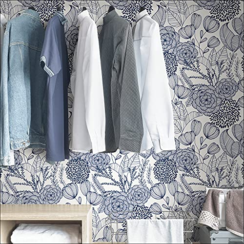NuWallpaper by WallPops NUS3830 Navy Secret Garden Peel & Stick Wallpaper, Blue - color: Blue