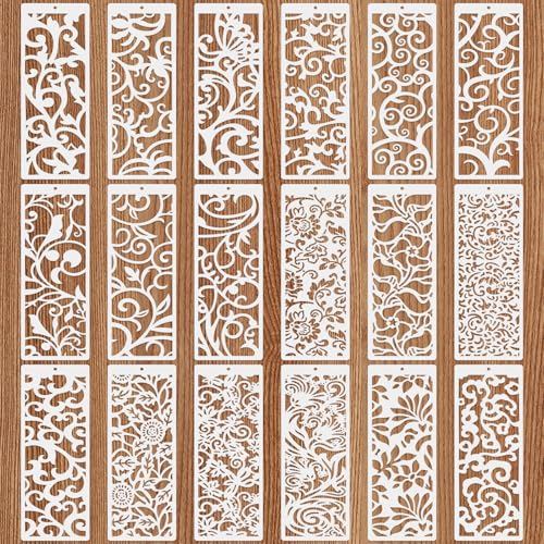 18 Pcs Large Flower Border Stencils for Painting, Reusable Plastic Leaf Cake Decorating Stencils for Baking, Hollowed Floral Edge Painting Templates for DIY Wood Wall Tile Furniture Canvas, 4" x 11.8"