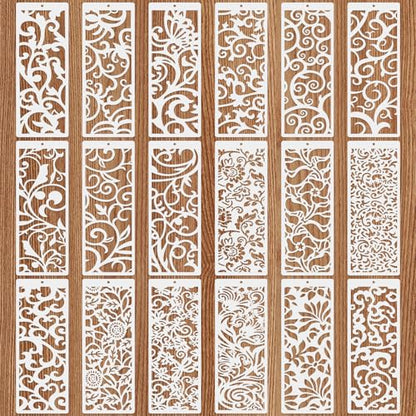 18 Pcs Large Flower Border Stencils for Painting, Reusable Plastic Leaf Cake Decorating Stencils for Baking, Hollowed Floral Edge Painting Templates for DIY Wood Wall Tile Furniture Canvas, 4" x 11.8"