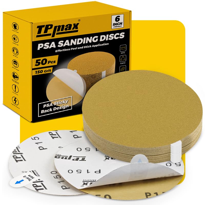 TPmax 6-Inch 150-Grit Gold PSA Sanding Discs, 50 Pack – Pro-Grade Self-Adhesive Stickyback Sandpaper with Quick-Release Tabs for DA Sander, Medium-Fine Automotive/Wood/Metal Sanding - style: 150 Grit