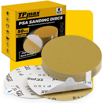 TPmax 6-Inch 150-Grit Gold PSA Sanding Discs, 50 Pack – Pro-Grade Self-Adhesive Stickyback Sandpaper with Quick-Release Tabs for DA Sander, Medium-Fine Automotive/Wood/Metal Sanding - style: 150 Grit