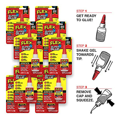 Flex Super Glue Gel, 20 Gram Bottle, 10-Pack, Clear, Instant Bond, Quick Dry, Cyanoacrylate Adhesive, Precision Tip for Wood, Metal, Plastic, Crafts, Ceramic, and Toy Repairs - size: 10-Pack, style: Gel 20 Gram Bottle