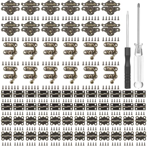 72 Sets Retro Jewelry Box Hinges and Latches with Matching Screws Kit, Small Bronze Brass Latch Hinges for Wooden Jewelry Box and Decorative Cabinet(Catch*24 + Hinges*48)