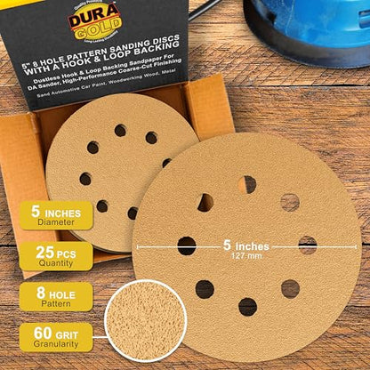 Dura-Gold 5" Gold Sanding Discs, 60 Grit, Box of 50, 8 Hole Pattern, H & L - size: 60-Grit - Gold
