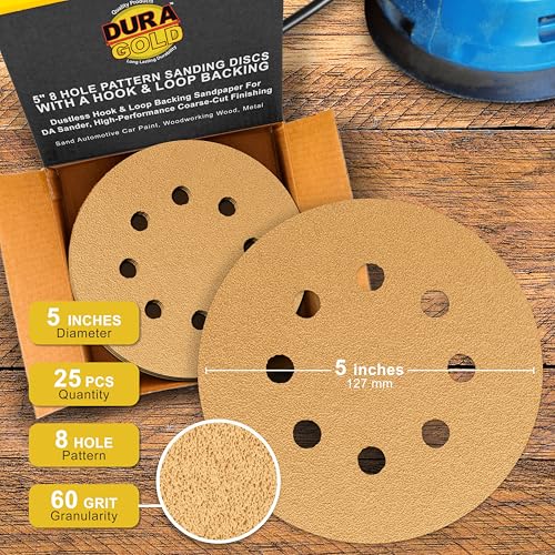 Dura-Gold 5" Gold Sanding Discs, 60 Grit, Box of 50, 8 Hole Pattern, H & L - size: 60-Grit - Gold