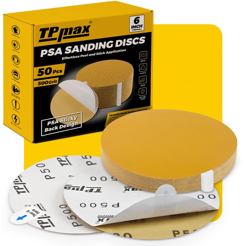 TPmax 6-Inch 500-Grit Gold PSA Sanding Discs, 50 Pack – Pro-Grade Self-Adhesive Stickyback Sandpaper with Quick-Release Tabs for DA Sander, Polishing-Grade Automotive/Wood/Metal Sanding - style: 500 Grit
