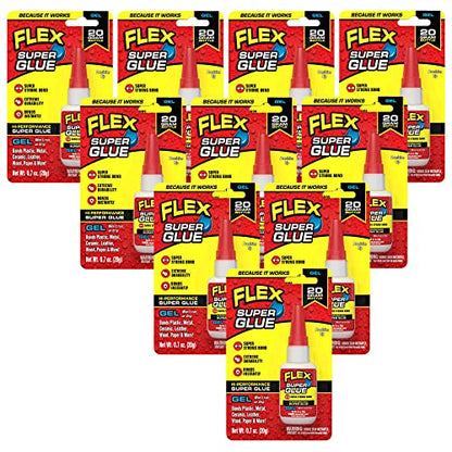 Flex Super Glue Gel, 20 Gram Bottle, 10-Pack, Clear, Instant Bond, Quick Dry, Cyanoacrylate Adhesive, Precision Tip for Wood, Metal, Plastic, Crafts, Ceramic, and Toy Repairs - size: 10-Pack, style: Gel 20 Gram Bottle
