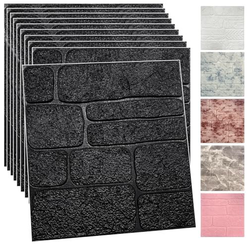 YU LI 3DH 3D Wall Panels Peel and Stick Faux Stone Wall Panel Black 20-Pack Faux Brick Self-Adhesive Wallpaper 3D Foam Brick Wallpaper - color: All black, size: 20PCS