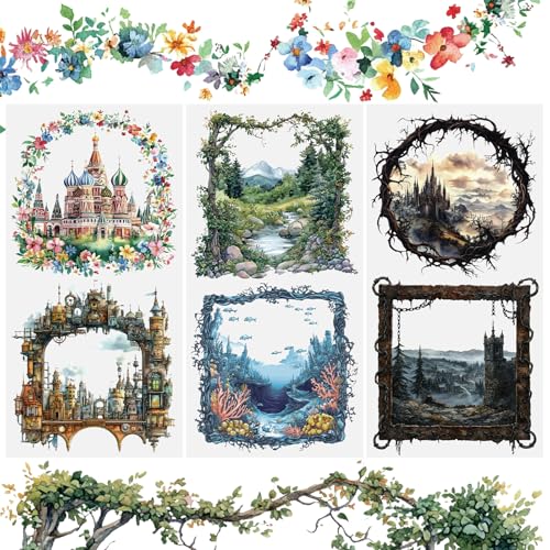 WANDIC 3 Sheets Watercolor Fantasy Theme Rub on Transfer Stickers Waterproof Decals Furniture Stickers Home Decoration Decals for DIY,15 * 30cm - color: Fantasy Secret Realm