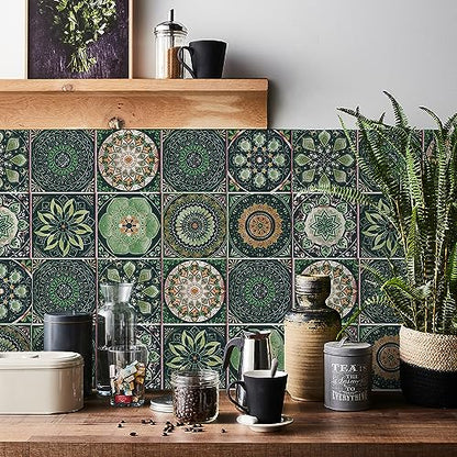 Easy Peel Stick Vinyl wall Tile Decals 6x6in Stick on backsplash,12Pc - color: Multi Color (Green Main Color) 6x6