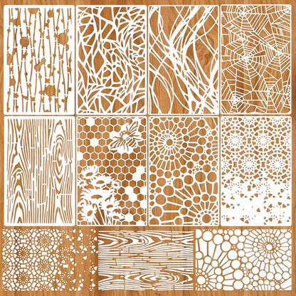 8 Pieces Mixed Media Layering Stencils for Painting,Reusable Spider Web Wood Grain Floral Texture Stencils for Wood Furniture,Cake,Canvas Fabric,Card Making,Art Journal - color: Layering(8Pcs)
