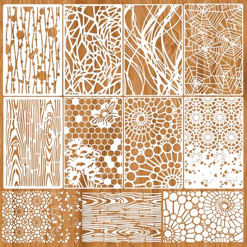 8 Pieces Mixed Media Layering Stencils for Painting,Reusable Spider Web Wood Grain Floral Texture Stencils for Wood Furniture,Cake,Canvas Fabric,Card Making,Art Journal - color: Layering(8Pcs)