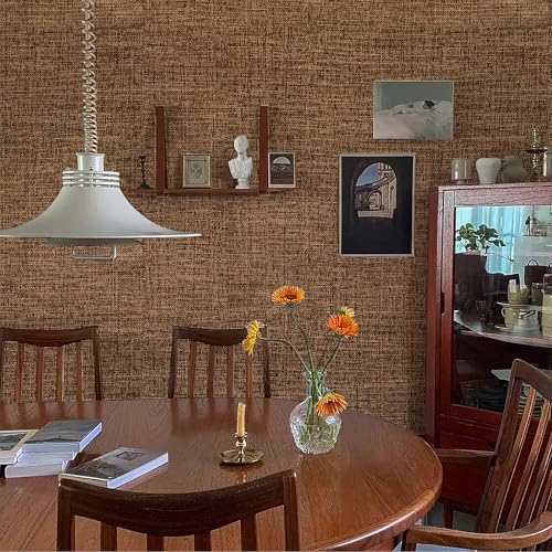 Brown Grasscloth Peel and Stick Wallpaper 17.3"x120" Faux Linen Textured Contact Paper Removable Self Adhesive Vinyl Wallpaper for Bedroom Bathroom Kitchen Cabinets - color: Brown, size: 17.3" x 120"