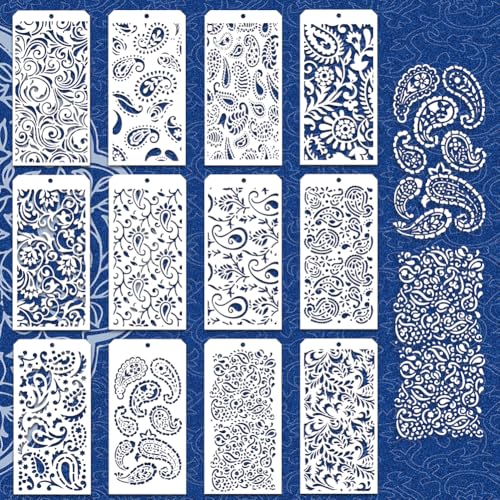 12 Pcs Paisley Element Stencils for Painting, 12 Styles Paisley Peacock Feathers Border Pattern Reusable Stencils Templates for Painting on Furniture Scrapbook Decor - style: Paisley Peacock Feathers