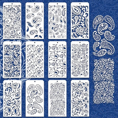 12 Pcs Paisley Element Stencils for Painting, 12 Styles Paisley Peacock Feathers Border Pattern Reusable Stencils Templates for Painting on Furniture Scrapbook Decor - style: Paisley Peacock Feathers