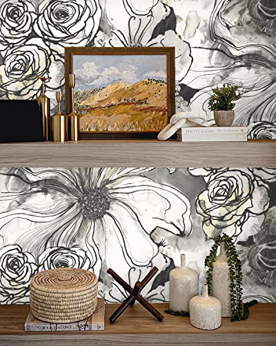 Harry & Grace Ink Rose Abstract Floral Peel and Stick Wallpaper (Onyx) - color: Onyx