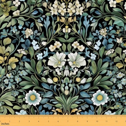 Girly Floral Flowers Garden Green Blue Fabric by The Yard 1 Yard Aesthetic - color: Green Blue, size: 1 Yard