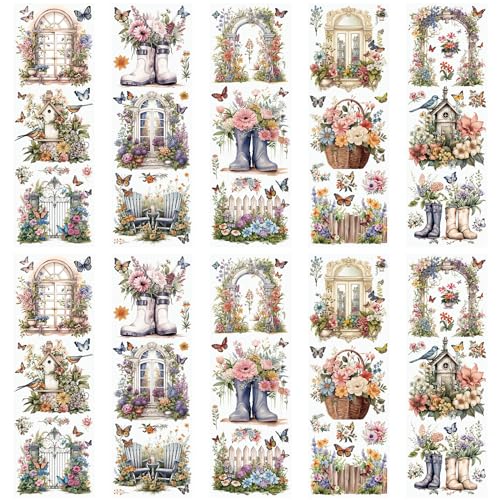 WANDIC 10 Sheets 30 Pcs Rub On Transfers for Crafts, Vintage Flower Rub on Transfers Butterfly Waterproof Furniture Stickers for Wood Glass Plastic Leather Window Easter Cards DIY Craft, 11.8 * 3.9in