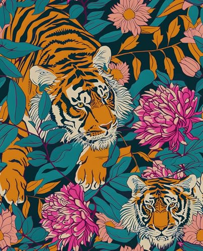 BOKEBEVE Tiger Floral Wallpaper Peel and Stick Vintage Orange 17.5 x 78.5In - color: Orange/Pink/Blue, size: 17.5" x 78.5"