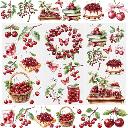 WANDIC 3 Sheets Cherry Rub On Transfers Fruit Scrapbook Stickers Cute Window Decals Waterproof Stickers Cup Wraps for DIY Furniture Photo Albums,15 * 30cm - color: Cherry