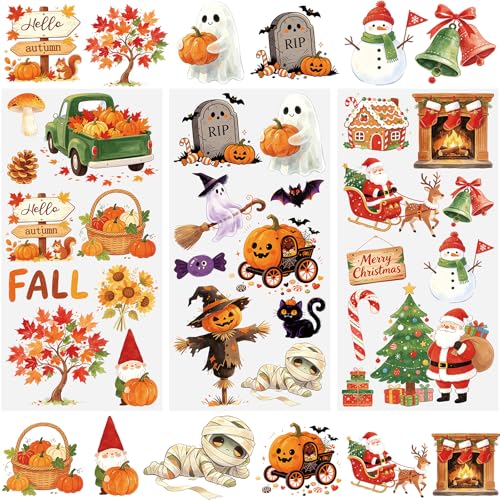 WANDIC 3 Sheets Rub On Transfer Stickers, Autumn Halloween Christmas Combo Set Waterproof Decal for Furniture Wood Scrapbook Crafts Journal Card Making - color: Autumn & Halloween & X Mas