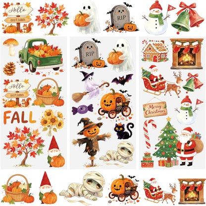 WANDIC 3 Sheets Rub On Transfer Stickers, Autumn Halloween Christmas Combo Set Waterproof Decal for Furniture Wood Scrapbook Crafts Journal Card Making - color: Autumn & Halloween & X Mas