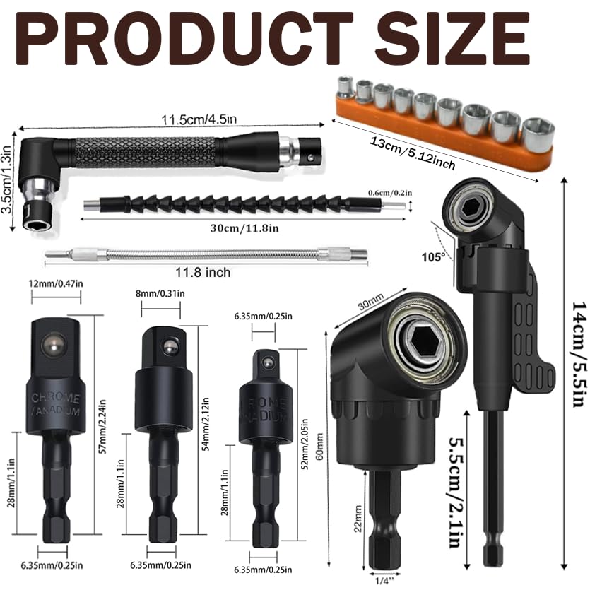 37Pcs Flexible Drill Bit Extension right angle drill attachment Include 90 degree Bits drill attachment Hex Shank 105° Right Angle Drill Attachment Short Screwdriver Rotatable Socket Adapter - color: 37pcs
