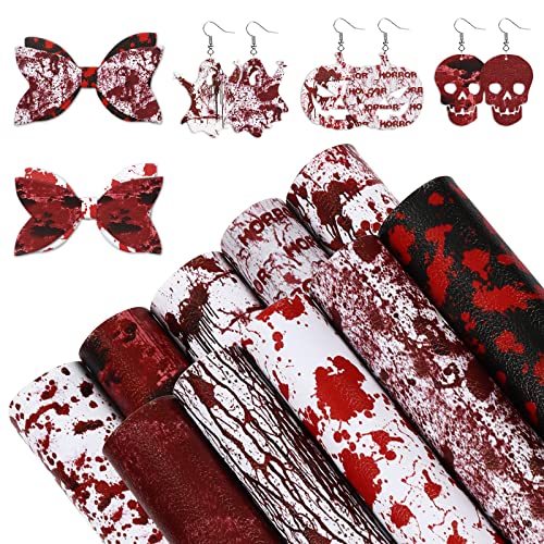 AnyDesign 10Pcs Halloween Theme Faux Leather Sheets Spooky Bloody Printed Synthetic Leathers Red White Black Scary Bloodstain Fabric Leathers for Halloween DIY Craft Earring Hair Bow Making, 8 x 12