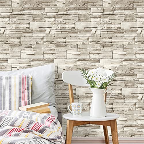 Jeweluck Faux Stone Wallpaper Peel and Stick Brick Wallpaper 17.7”×118.1” - color: A Beige, size: 17.7" x 118.1"