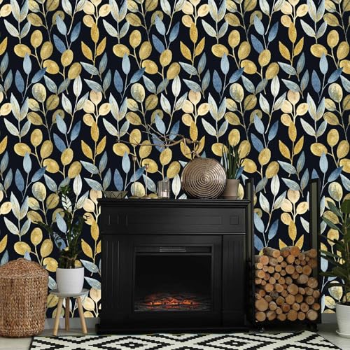 Black and Gold Leaf Peel and Stick Wallpaper 17.7" x 70.8" - color: Blue/gold/Black, size: 17.7" x 70.8"
