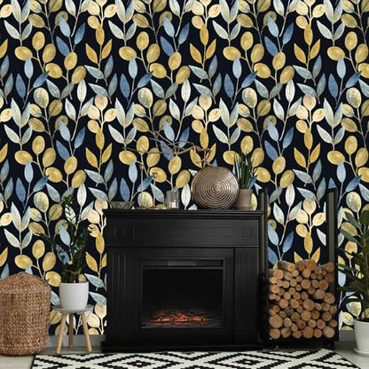 Black and Gold Leaf Peel and Stick Wallpaper 17.7" x 70.8" - color: Blue/gold/Black, size: 17.7" x 70.8"