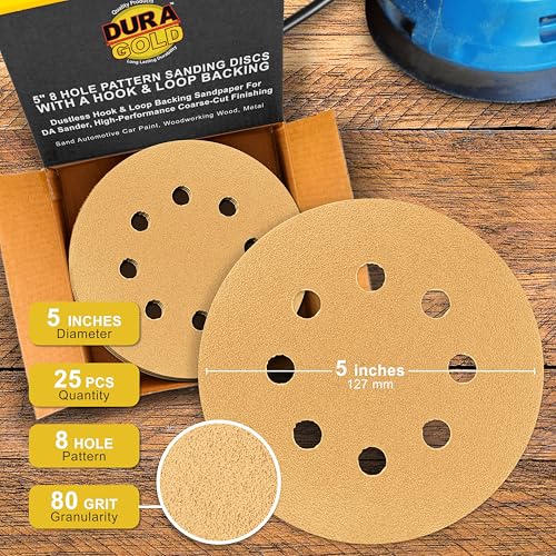 Dura-Gold 5" Gold Sanding Discs, 80 Grit, Box of 50, 8 Hole Pattern, H & L - size: 80-Grit - Gold