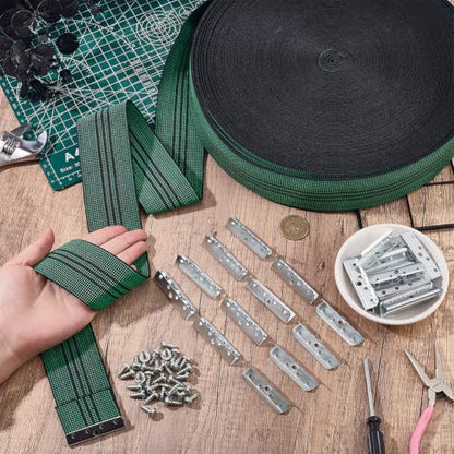OLYCRAFT 2 Inch x 80 Ft Chair Webbing Replacement Kit Green Patio Furniture Repair Kit Upholstery Webbing Elastic Band with 30Pcs Metal Clips to Repair Sagging Couch Chair Patio Furniture Patios Strap - color: Green