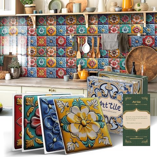 Tile Decals with Vibrant Flower Designs, 6X6IN-12 Pcs - color: Yellow/Green/Red/Blue, size: 6X6IN*12PCS