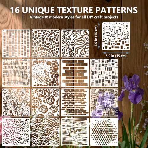 16Pcs Reusable Texture Stencils, Art Deco Spray Painting Stencils for Wood Fabric Furniture Canvas Plastic DIY Crafts