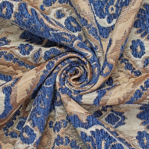 Baroque Floral Two Tone Chenille 57" Heavyweight Upholstery Jacquard Polyester Fabric by The Yard (Beige/Royal Blue, 5 Yards) - color: Beige / Royal Blue, size: 5 yard pre cut