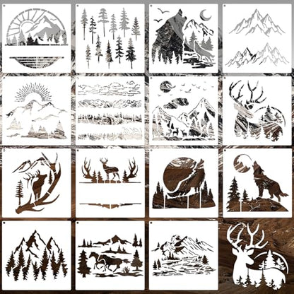 15Pcs Mountains and Animals Stencils for Crafts Reusable(5.9X5.9 Inch) - color: Animals