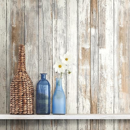 RoomMates White Distressed Wood Peel and Stick Wallpaper - color: Rustic Wood