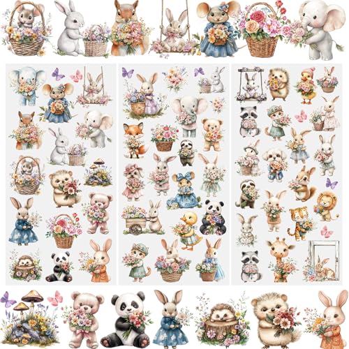 WANDIC 3 Sheets Transfers Stickers for Furniture,Rub on Transfers Decals Animals Rabbit Elephant Flowers DIY Decor Stickers for Scrapbook Home Window,15x30cm - color: Animal Bouquet