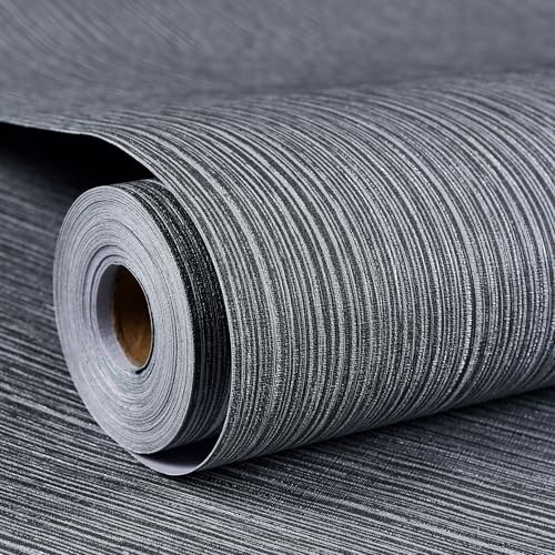 Haimin Grasscloth Wallpaper Textured 24in X 393in Fabric Contact Paper Gray Wall Paper Textured Linen Wallpaper Peel and Stick Self-Adhesive Thick Vinyl Embossed Film Wallpaper (Gray) - color: Gray and Black