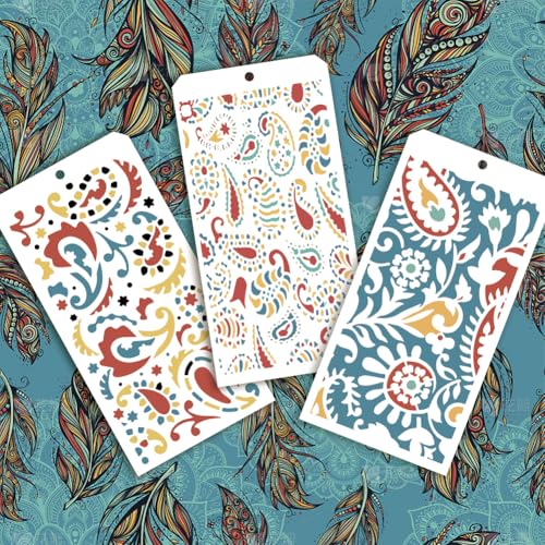 12 Pcs Paisley Element Stencils for Painting, 12 Styles Paisley Peacock Feathers Border Pattern Reusable Stencils Templates for Painting on Furniture Scrapbook Decor - style: Paisley Peacock Feathers