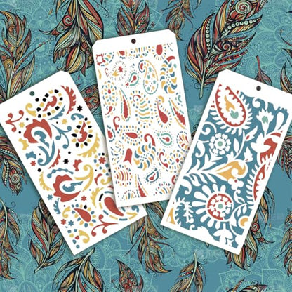 12 Pcs Paisley Element Stencils for Painting, 12 Styles Paisley Peacock Feathers Border Pattern Reusable Stencils Templates for Painting on Furniture Scrapbook Decor - style: Paisley Peacock Feathers