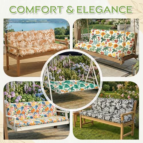Oxford Fabric Swing Cushions with Backrest & Tie Straps for Patio Bench - color: Monstera Green