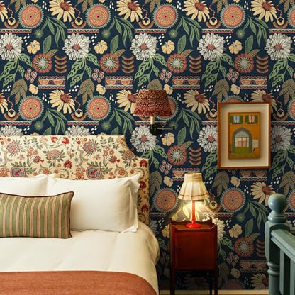 Simon&Siff Boho Sun Floral Retro Peel and Stick Wallpaper 17.3" x 800" - color: Blue, size: 17.3" x 800"