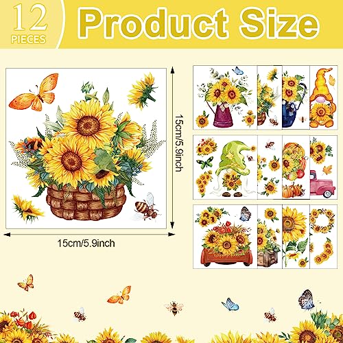 12 Sheets Sunflower Rub on Transfer Flower Decor Transfer Stickers Spring Fall Holiday Rub on Decals for Christmas Wood Furniture and Craft Journal Envelope Scrapbooking, 5.9 x 5.9 Inch - style: Sunflower
