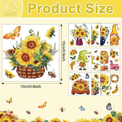 12 Sheets Sunflower Rub on Transfer Flower Decor Transfer Stickers Spring Fall Holiday Rub on Decals for Christmas Wood Furniture and Craft Journal Envelope Scrapbooking, 5.9 x 5.9 Inch - style: Sunflower
