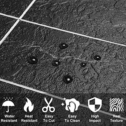 AULIGET 100 Piece Faux Stone Backsplash Peel and Stick PVC Tile, 3 Inch x 6 Inch Black Marble with White Grout Stick on Tiles for Backsplash Kitchen, Bathroom, Laundry Room, Camper, Fireplace - color: Black Marble with White Grout